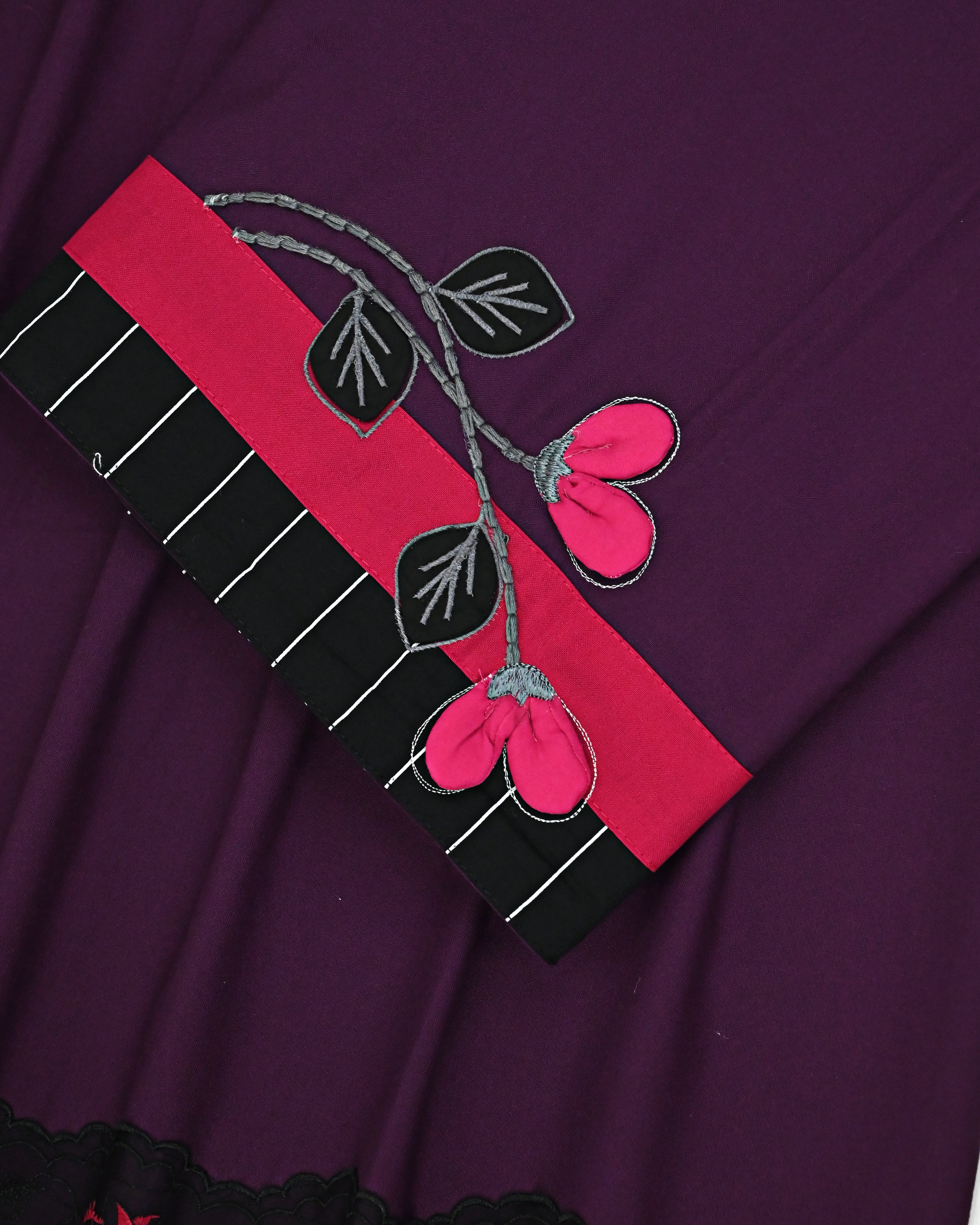 Deep Wine Rida With Smart Panel Floral Lace & 3D Floral Work