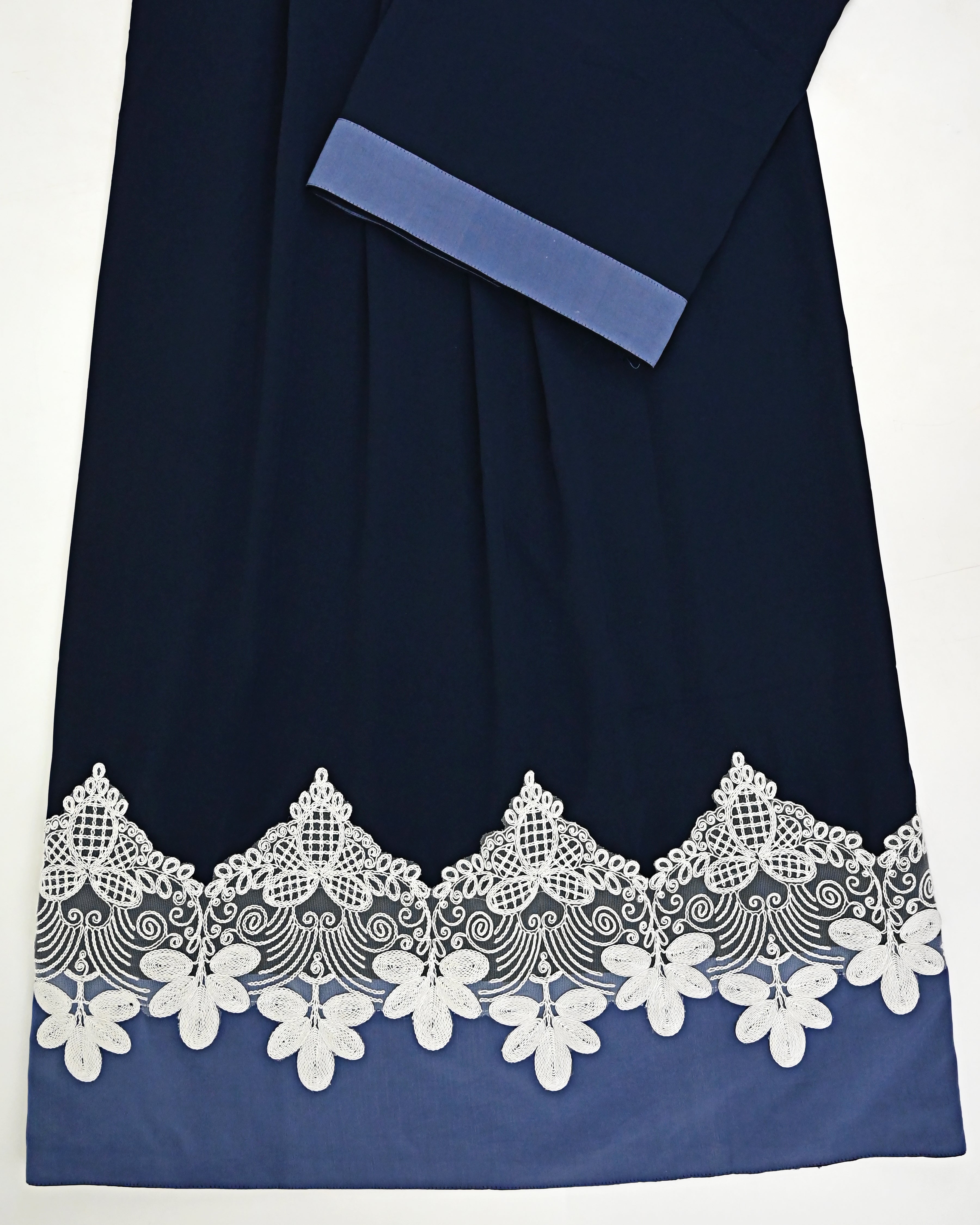 Navy Blue Abaya Rida With Smart Floral Lacing & Blue Shade Plain Panel