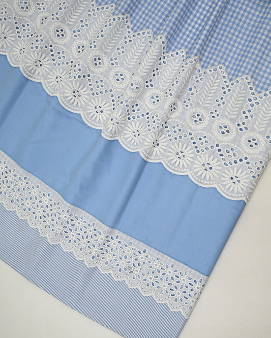 Blue & White Checks With Smart White Lace & Smart Blue Panel