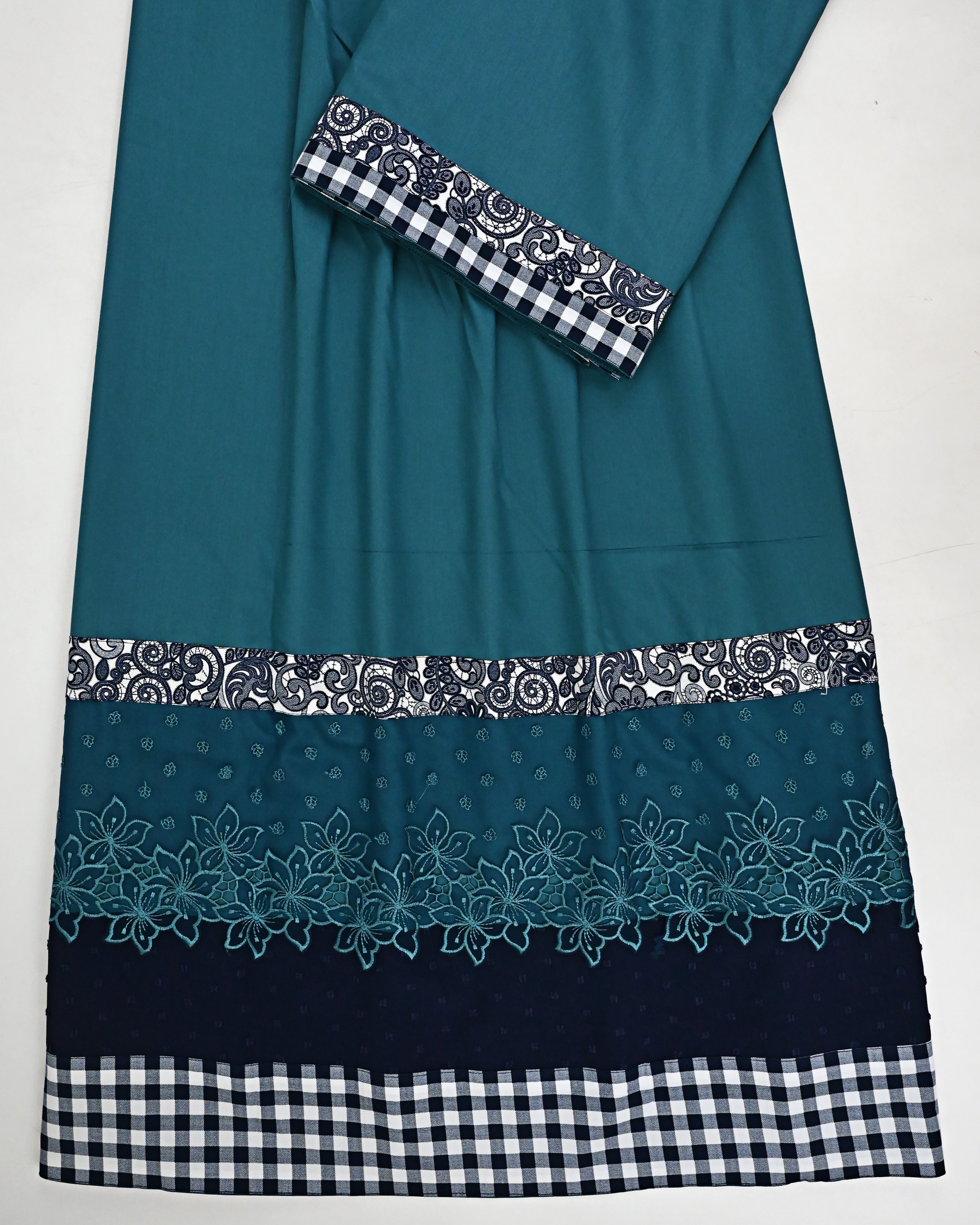 Petrol Blue Rida With Smart Floral Checks Panel & Smart Floral Petrol Blue Lace