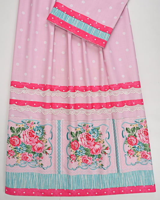Baby Pink White Dots With Smart Floral Panel & Lace