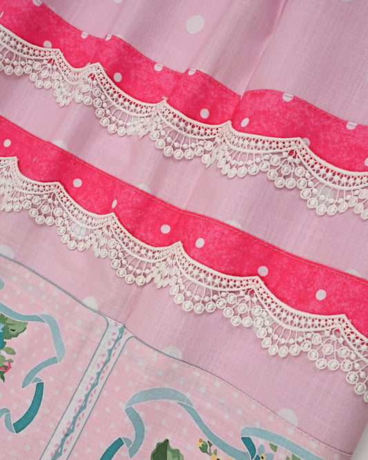 Baby Pink White Dots With Smart Floral Panel & Lace