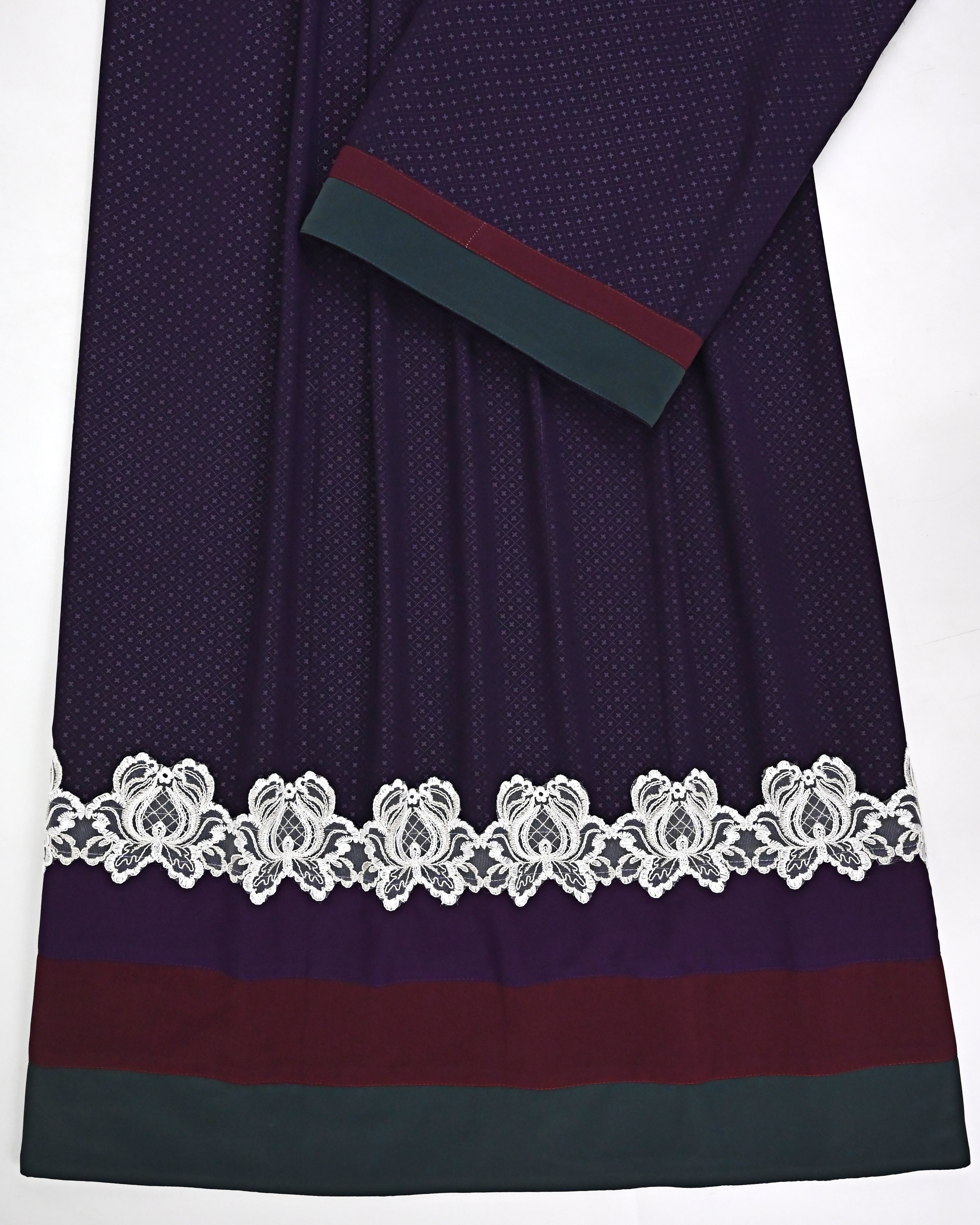 Dark Voilet Self Print Abaya With Dark Color Panel & Smart White Lace
