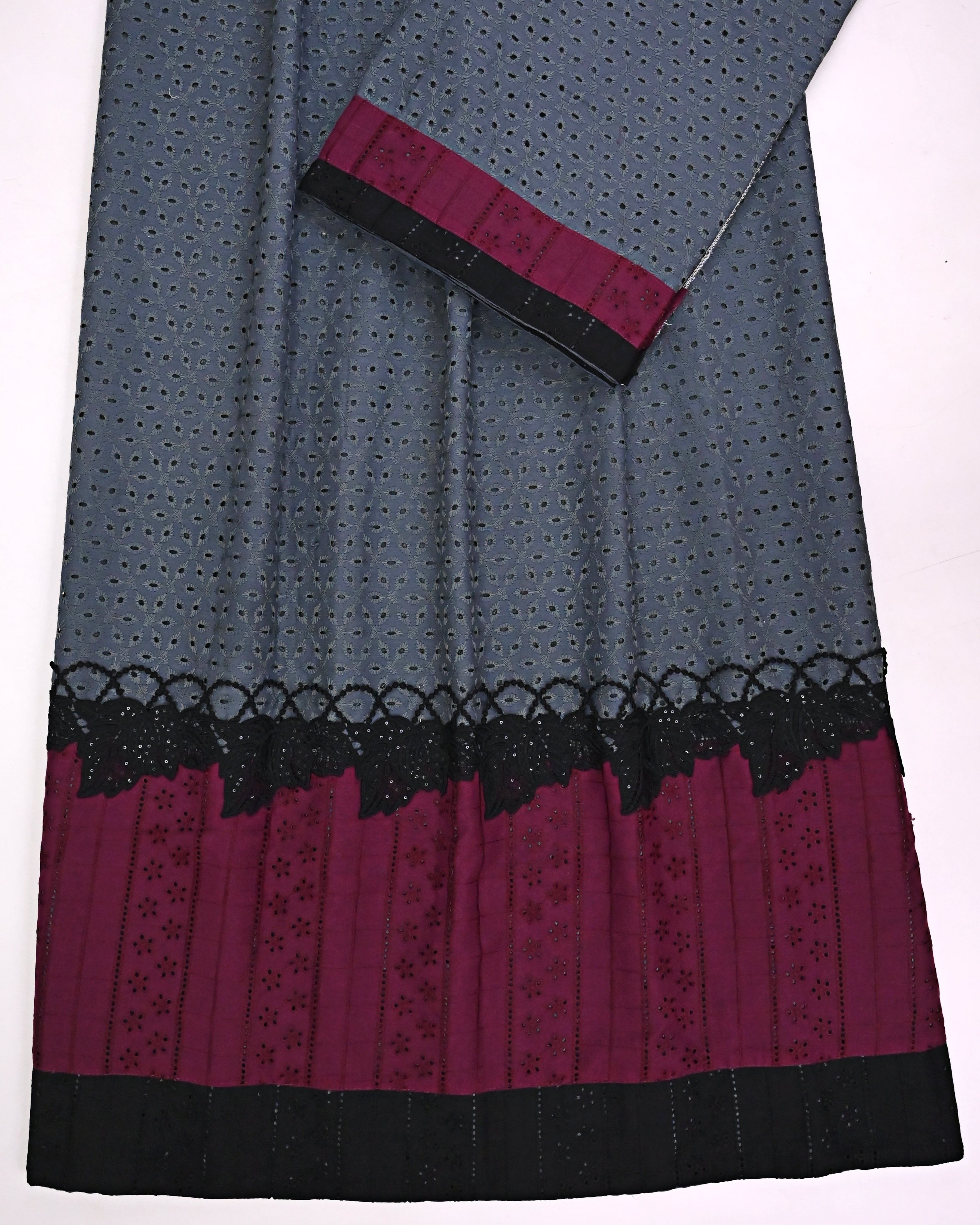 Steel Blue Hakoba Rida With Smart Maroon Black Hakoba Panel & Smart Black Lace