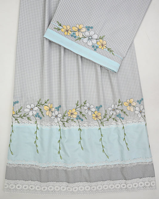White Grey Checks Rida With Smart Lace & Floral Embroidery Work