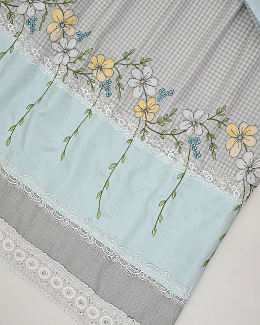 White Grey Checks Rida With Smart Lace & Floral Embroidery Work