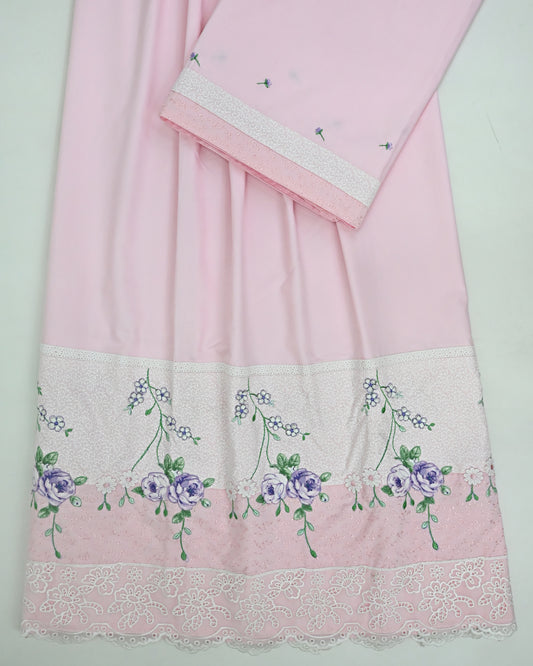 Baby Pink Rida With Smart Floral Work On Self Print Panel & Smart Lace