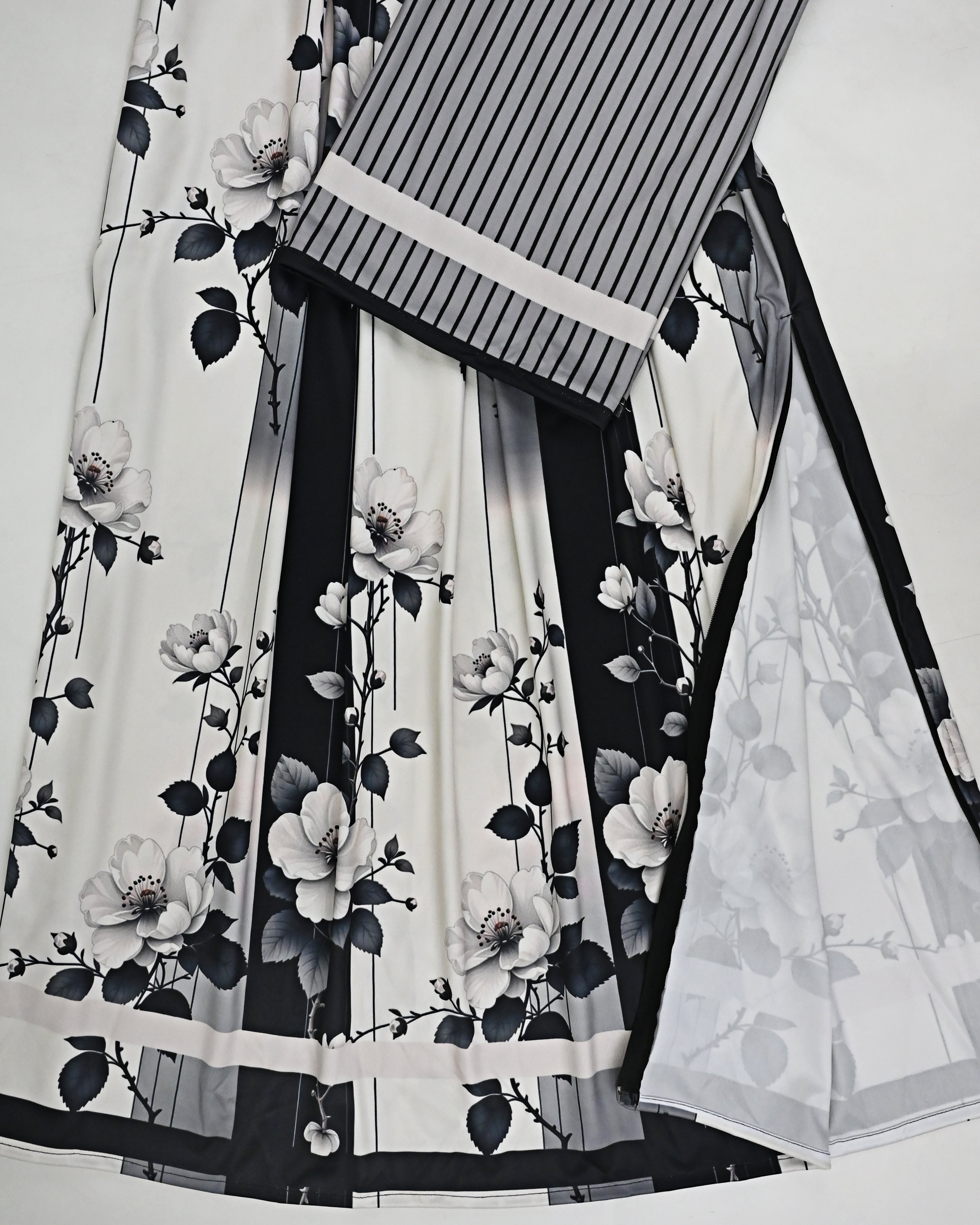 Black & White Floral Print Swim Wear With Stripes Pardi