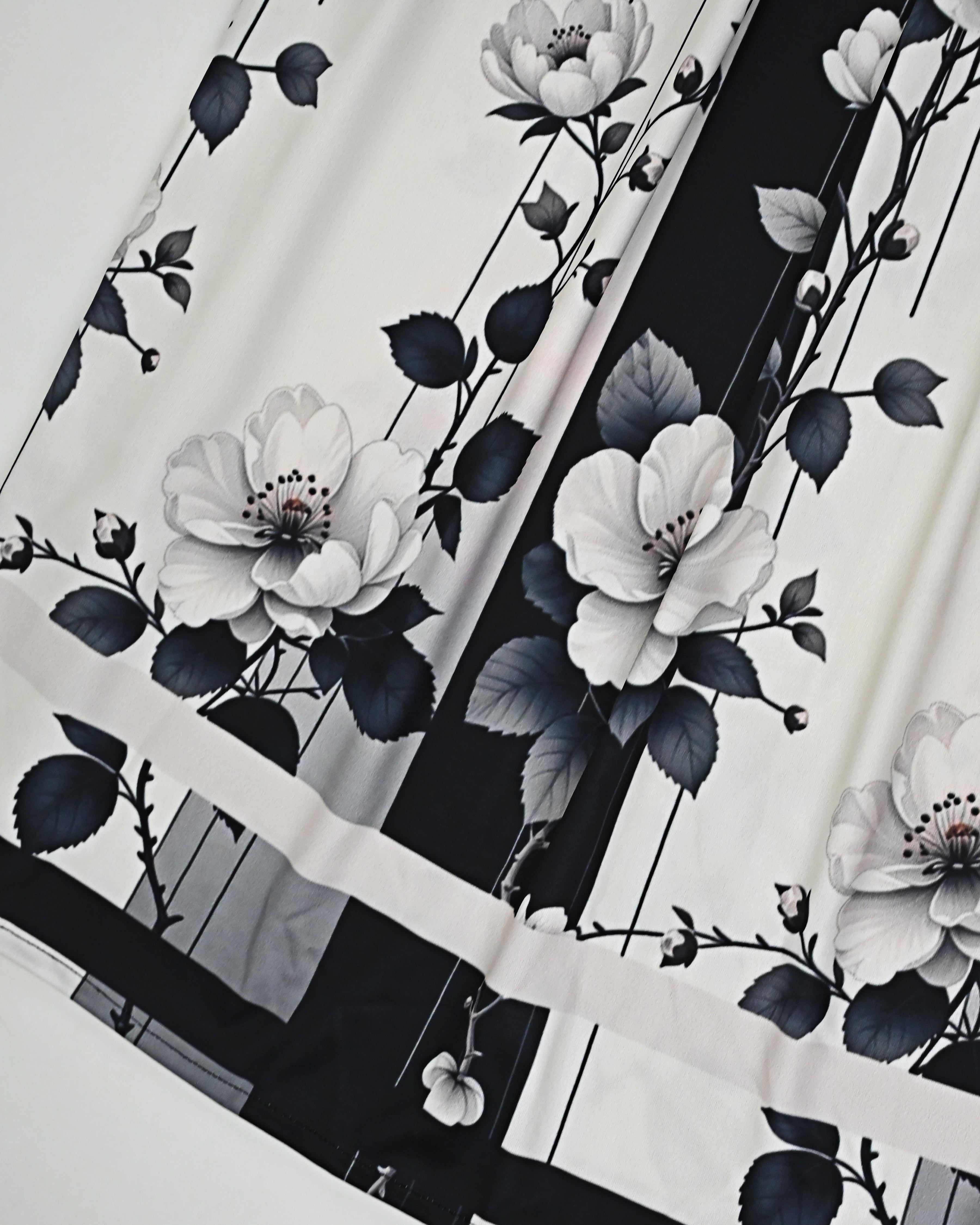 Black & White Floral Print Swim Wear With Stripes Pardi