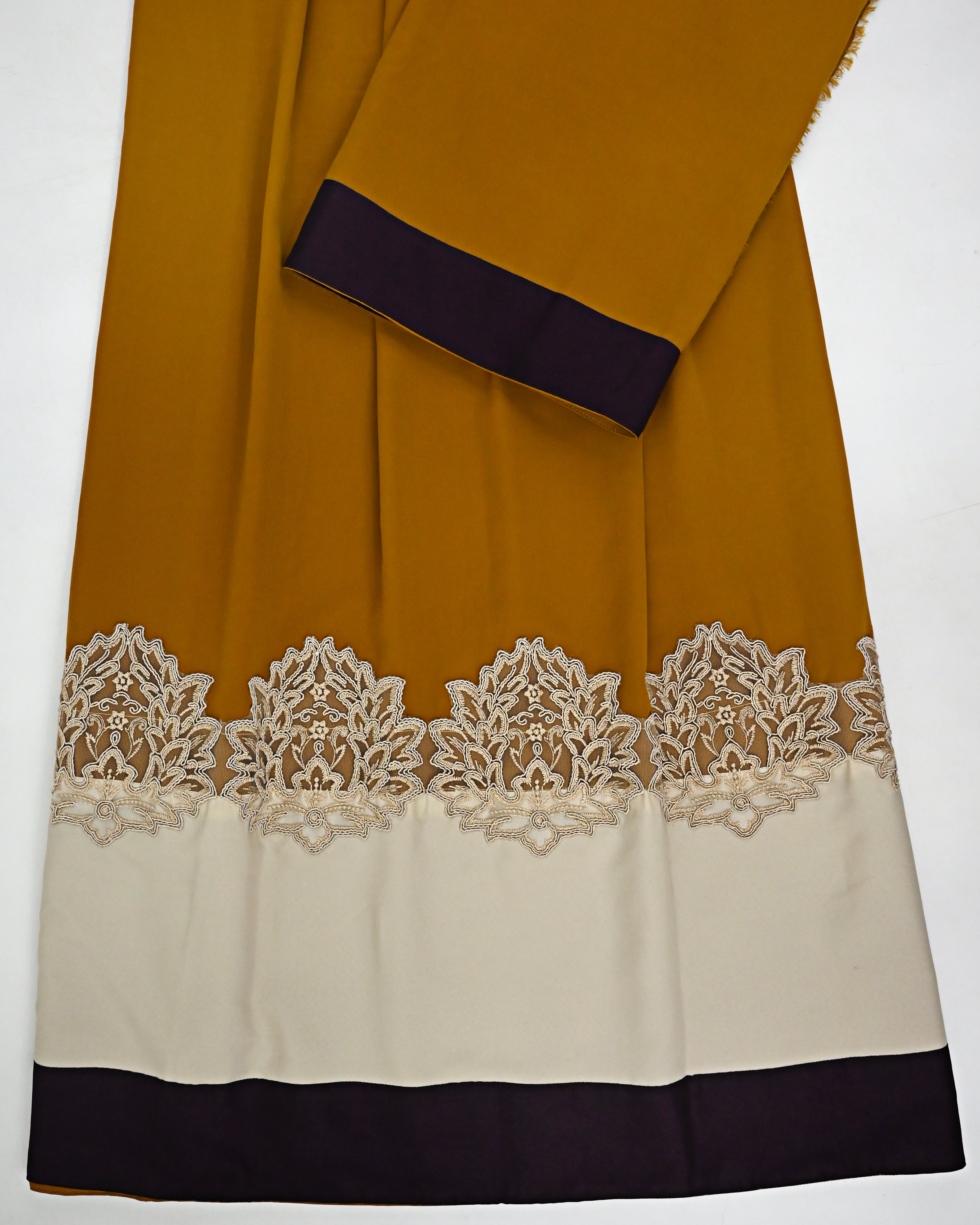 Mustard Yellow Abaya Rida With Floral Lace & Smart Plain Panel