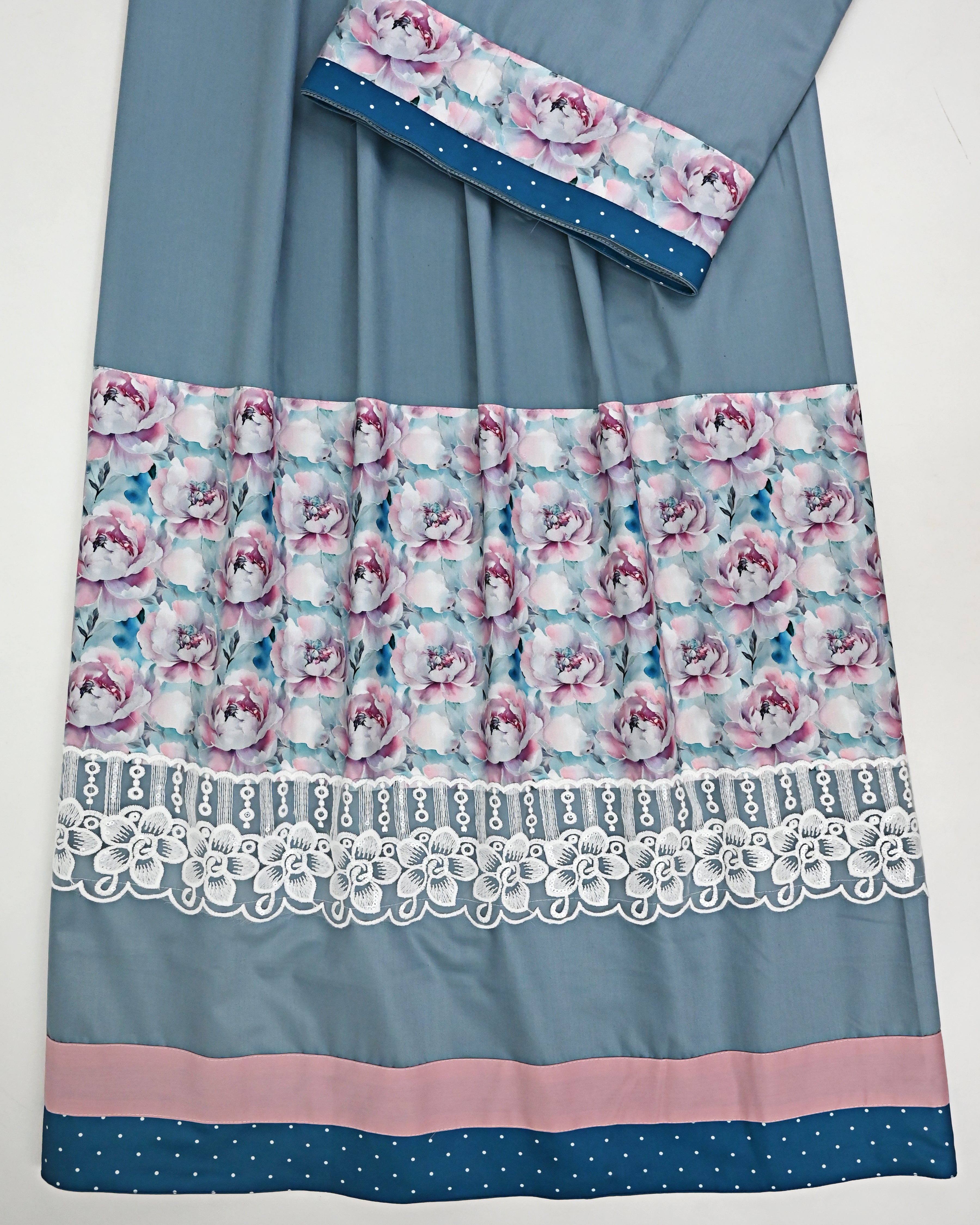 Slate Blue Rida With Smart Floral Rose Printed Plain Panel & Floral Lace