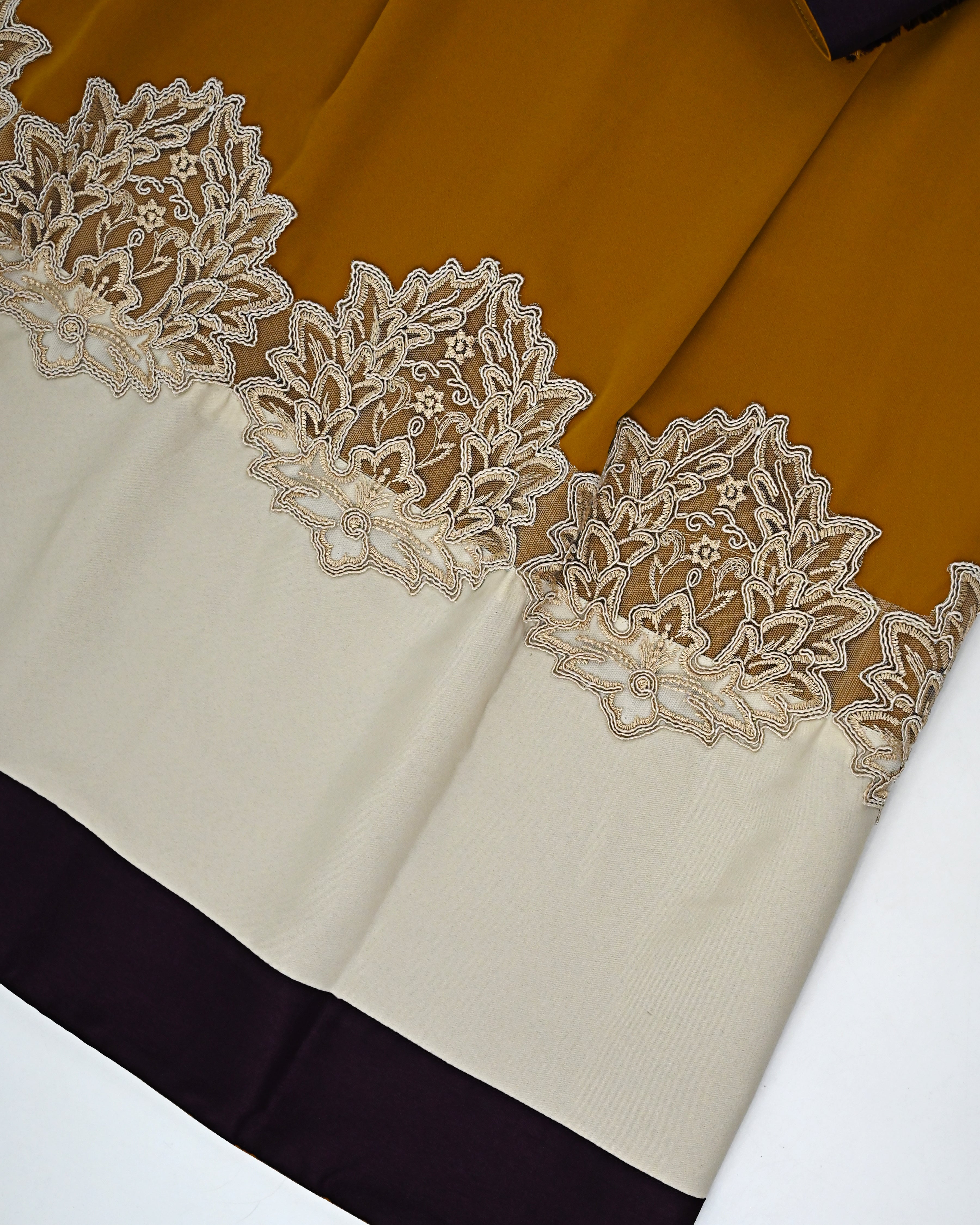 Mustard Yellow Abaya Rida With Floral Lace & Smart Plain Panel