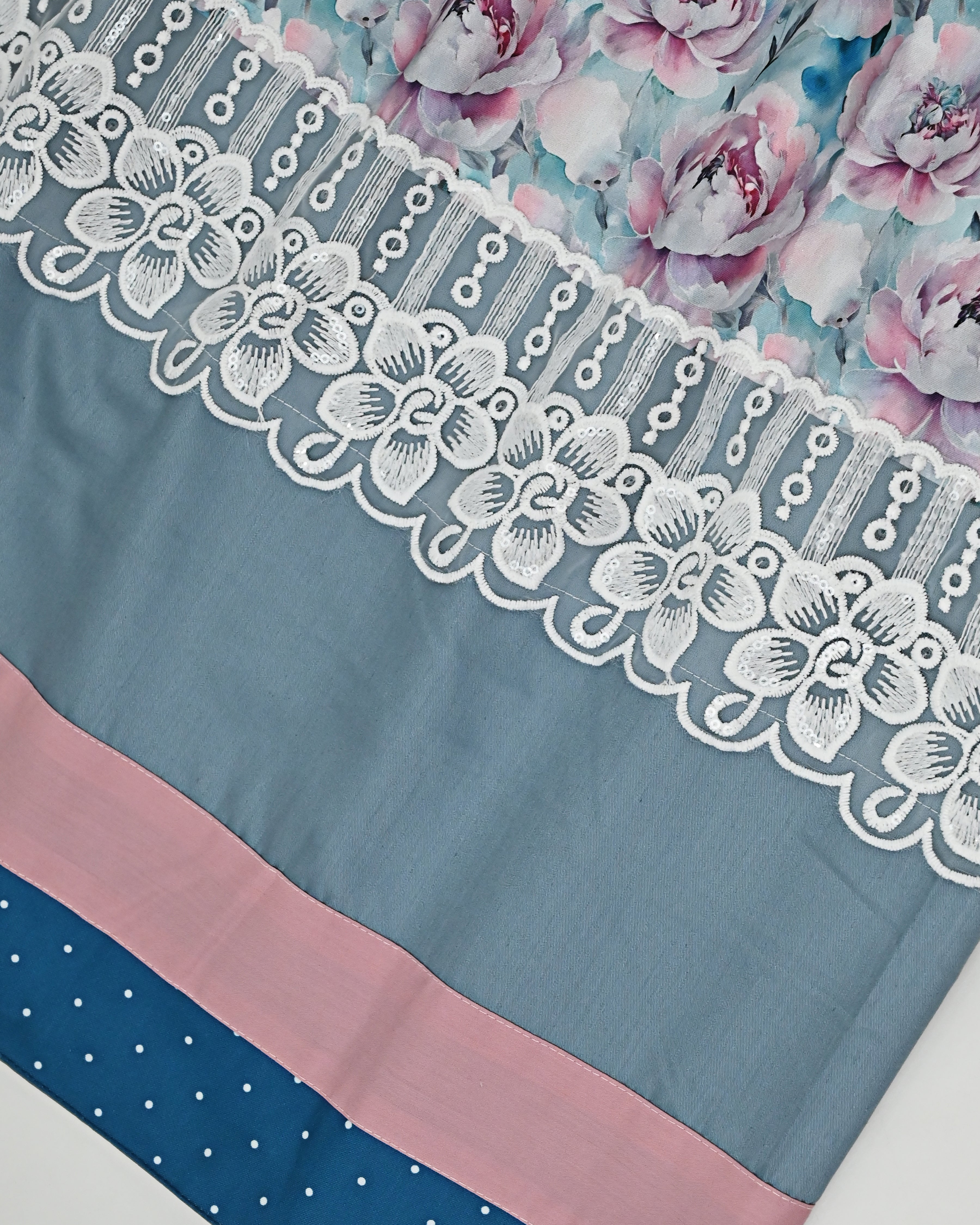 Slate Blue Rida With Smart Floral Rose Printed Plain Panel & Floral Lace
