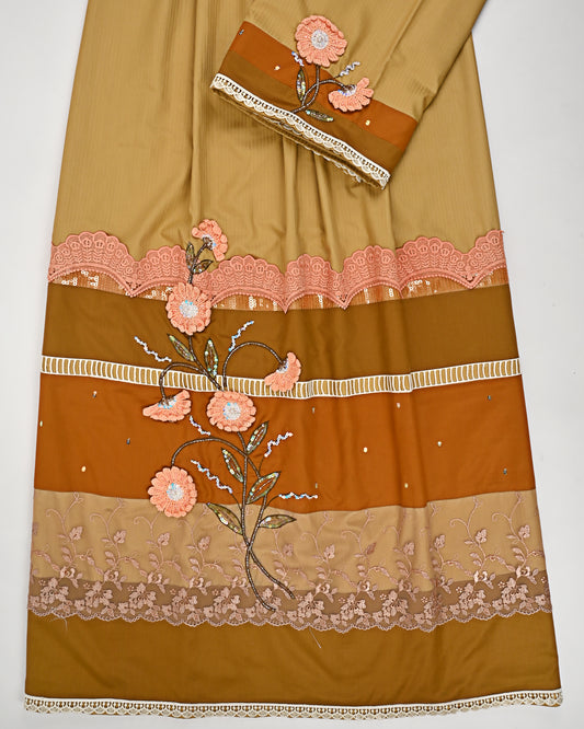 Golden Rida With Smart Color Block Pattern & Floral Aari Work