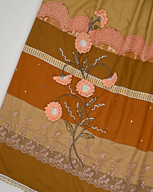 Golden Rida With Smart Color Block Pattern & Floral Aari Work