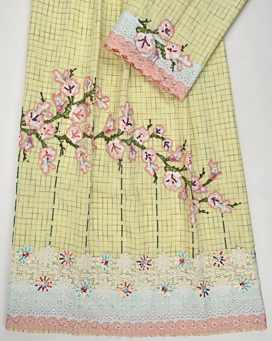 Lemon Yellow Checks Rida With Floral Work & Smart Lace