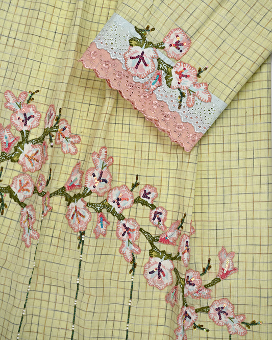 Lemon Yellow Checks Rida With Floral Work & Smart Lace