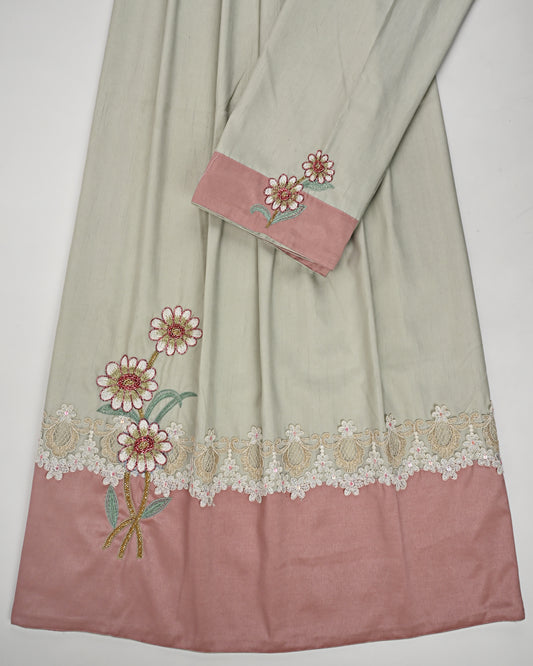 Tan Rida With Smart Rose Gold Panel & Floral Lace & Aari Work