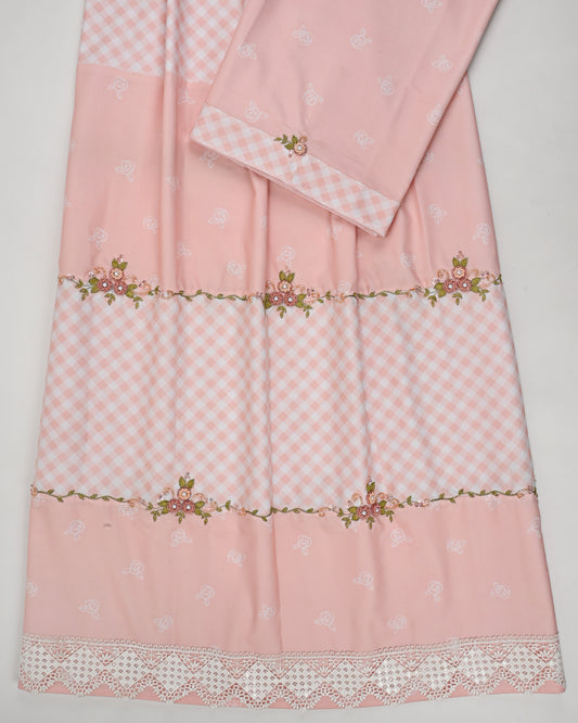 Light Peach Cheks Rida With Smart Pattern & Bullion Work Border