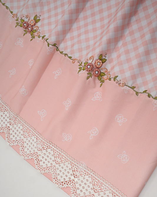 Light Peach Cheks Rida With Smart Pattern & Bullion Work Border