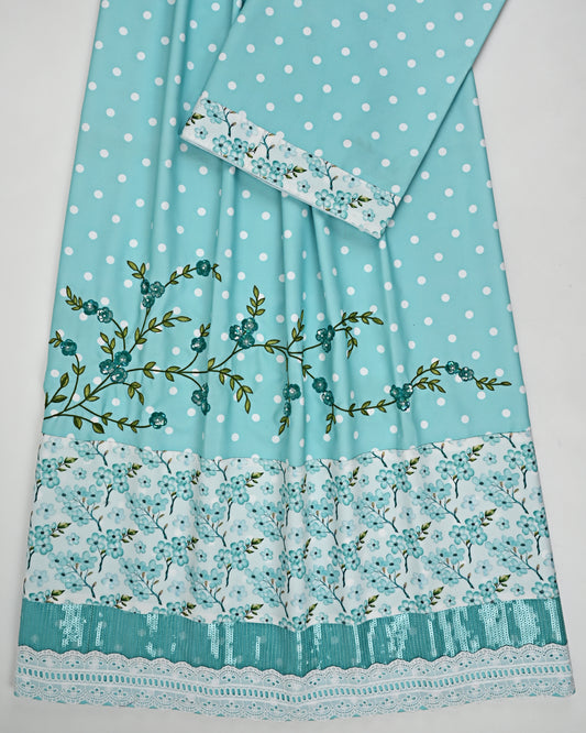 Mint Dots Rida With Floral Panel Sequence Lace & Leafy Work
