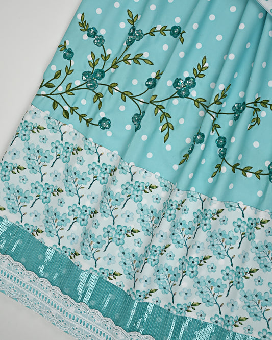 Mint Dots Rida With Floral Panel Sequence Lace & Leafy Work
