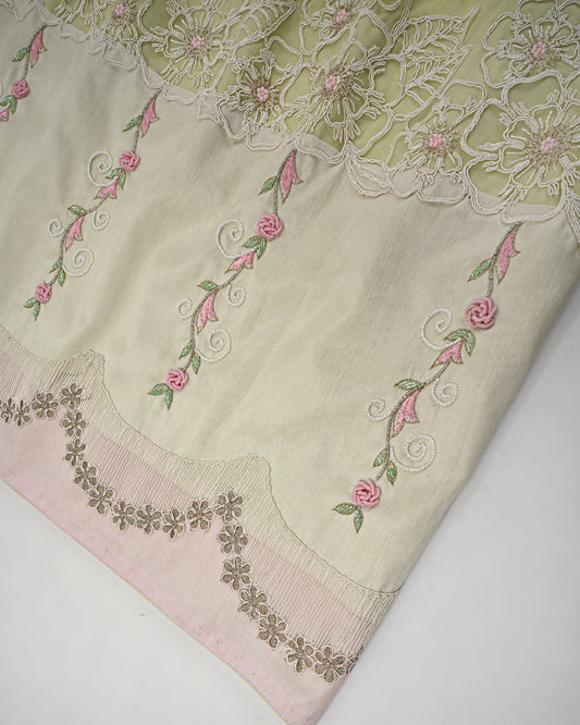 Pista Green Rida With Smart Lace & Floral Aari Border