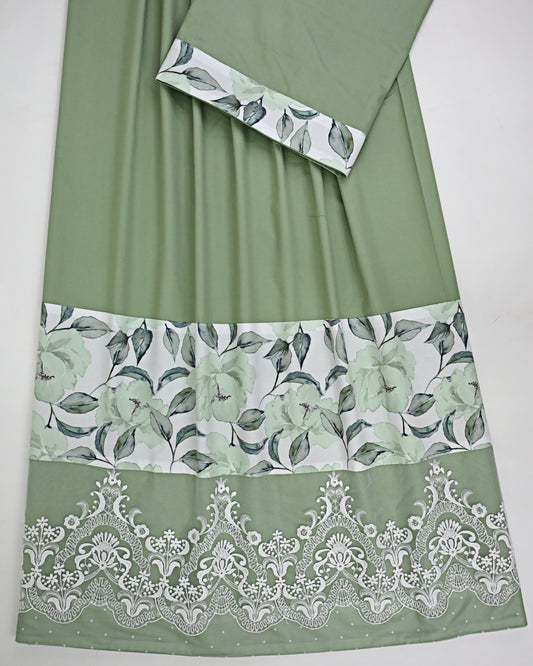 Sage Green Rida With Smart Leafy Print Panel & Imported Lace