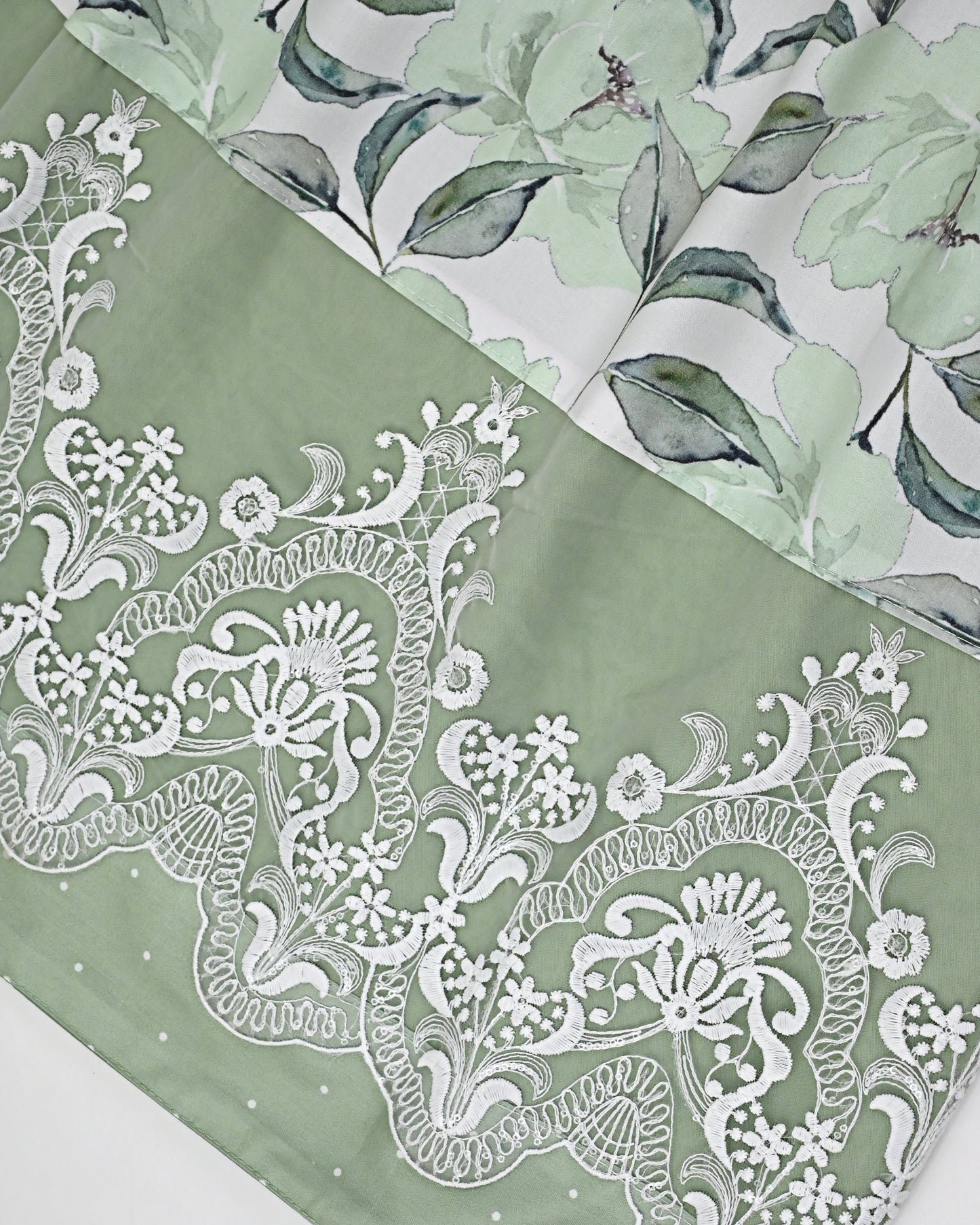 Sage Green Rida With Smart Leafy Print Panel & Imported Lace