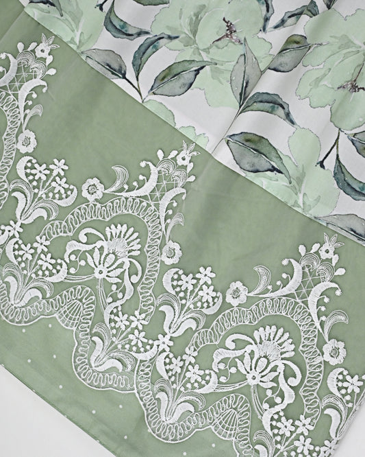 Sage Green Rida With Smart Leafy Print Panel & Imported Lace