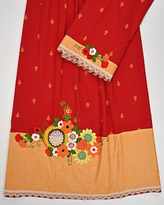 Red Rida With Smart Floral Work & Plain Peach Panel