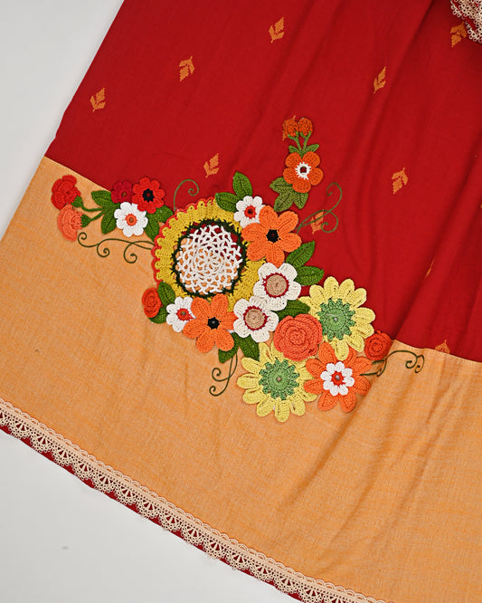 Red Rida With Smart Floral Work & Plain Peach Panel