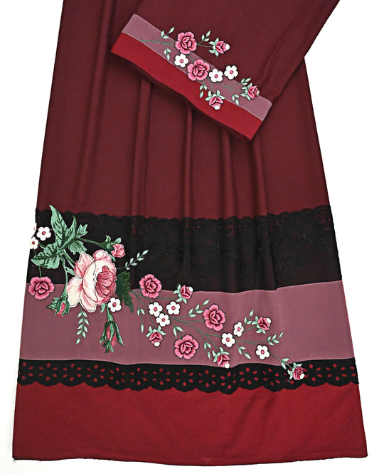 Deep Crimson Red RIda With Smart Floral Work & Dark Panel Lace