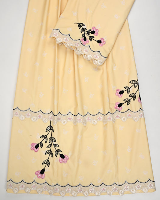 Yellow Self Print Rida With Smart Lace & Floral Aari Work
