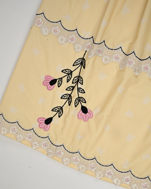 Yellow Self Print Rida With Smart Lace & Floral Aari Work