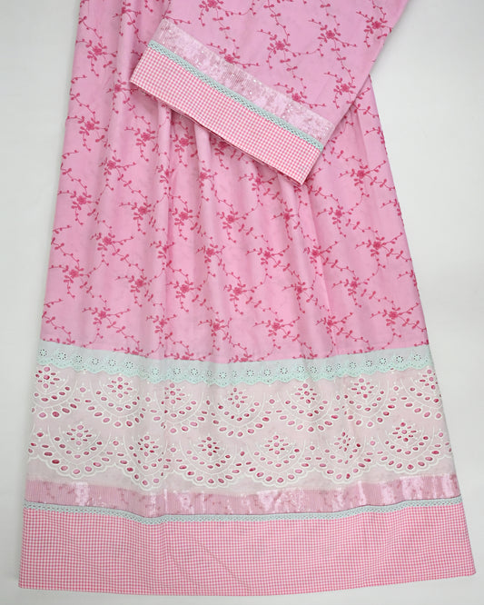 Rose Pink Rida With Floral Cut Work & Smart Hakoba Lacing Small Checks Panel
