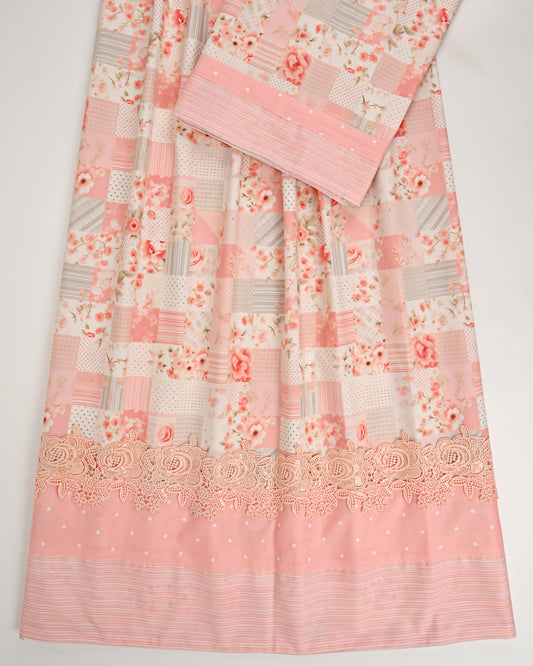 Peach Printed Rida With Smart Panel & Smart Floral Lace
