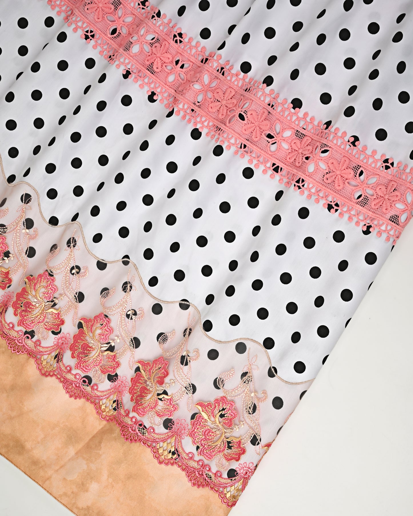 White Base Black Dots With Smart Floral Lace & Plain Panel