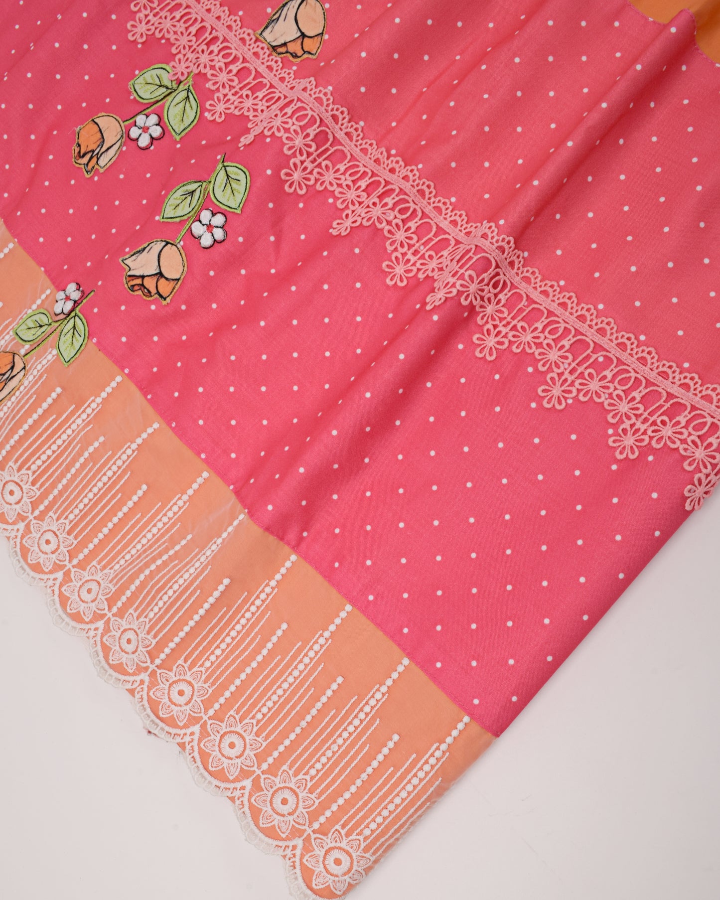 Orange Rida With Rani Pink Panel Smart Lace & Floral Applique Work
