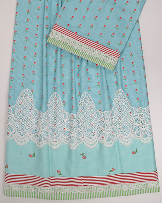 Light Blue Rose Printed Rida With Smart Lace & Embroidery Small Rose