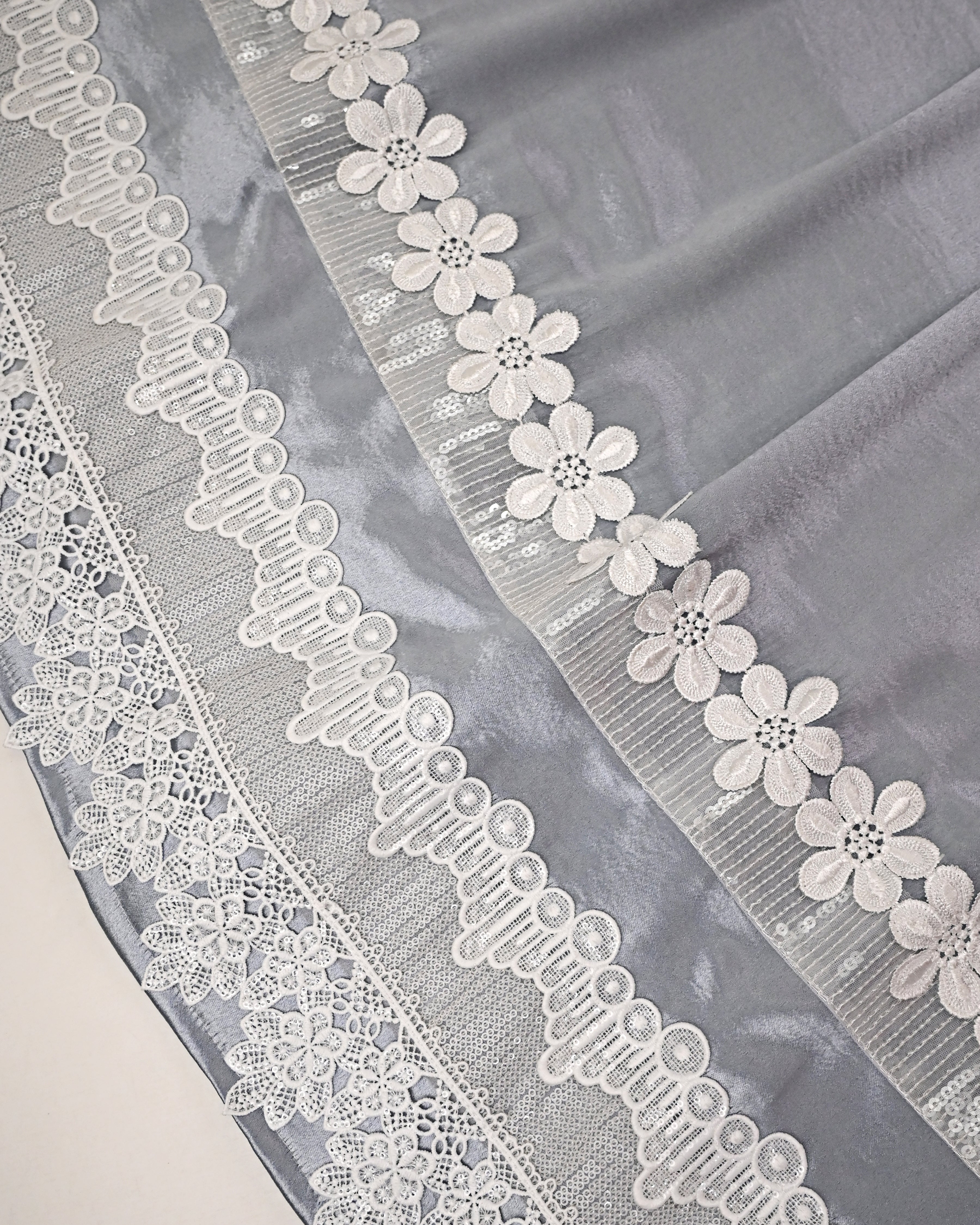 Light Slate Grey Satin Rida With Smart Shining Floral Lacing