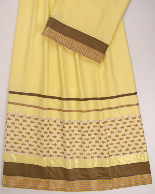 Mango Yellow Rida With Smart Printed Panel & Sequence Lace