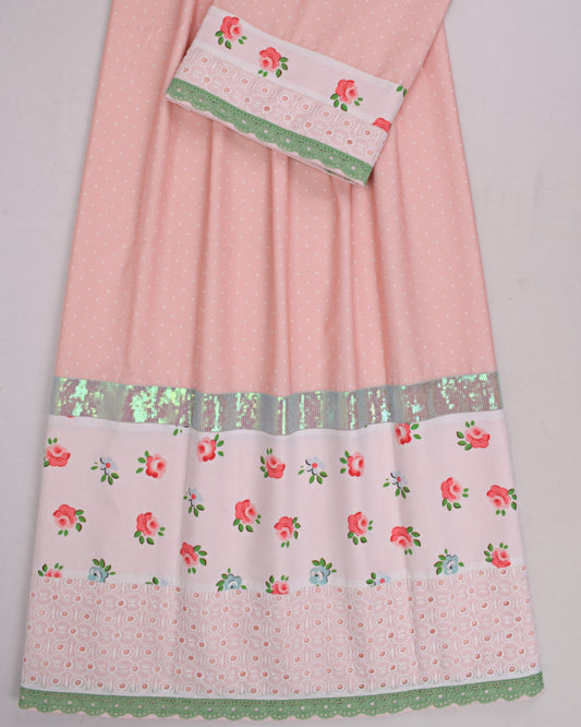 Salmon White Dots Rida With Smart Floral Panel & Lace