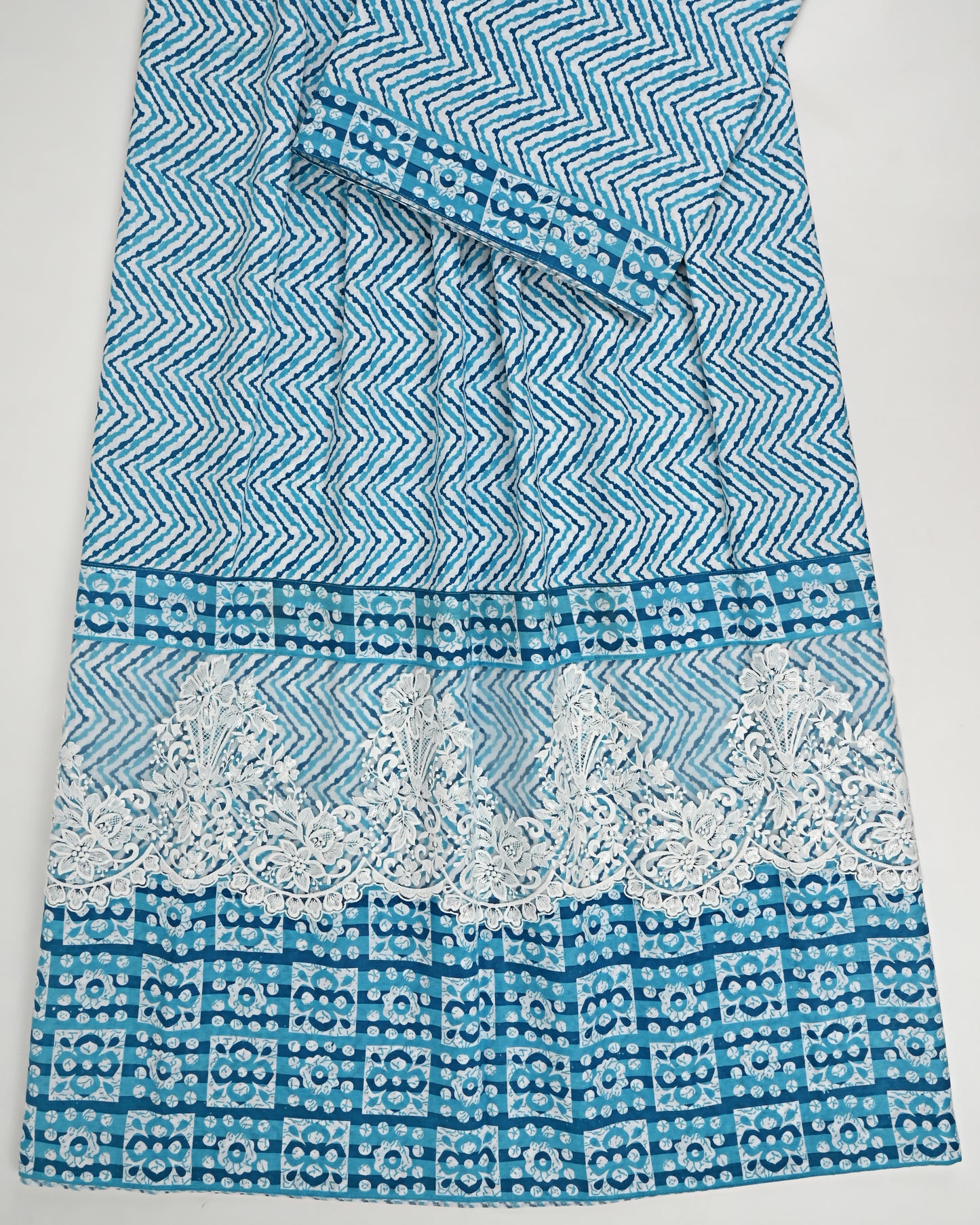 Teal Green Batik Chevron Print With Smart Batik Panel & Lace
