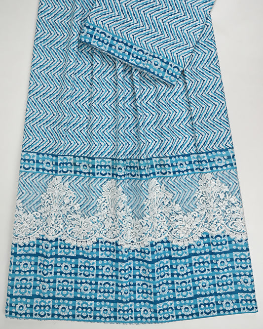 Teal Green Batik Chevron Print With Smart Batik Panel & Lace