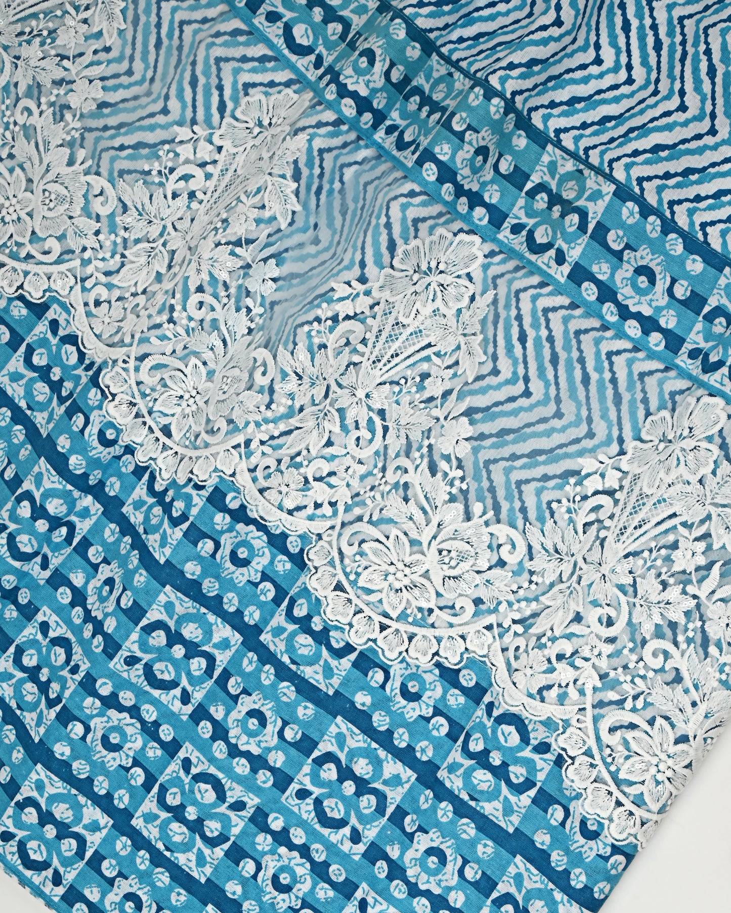 Teal Green Batik Chevron Print With Smart Batik Panel & Lace