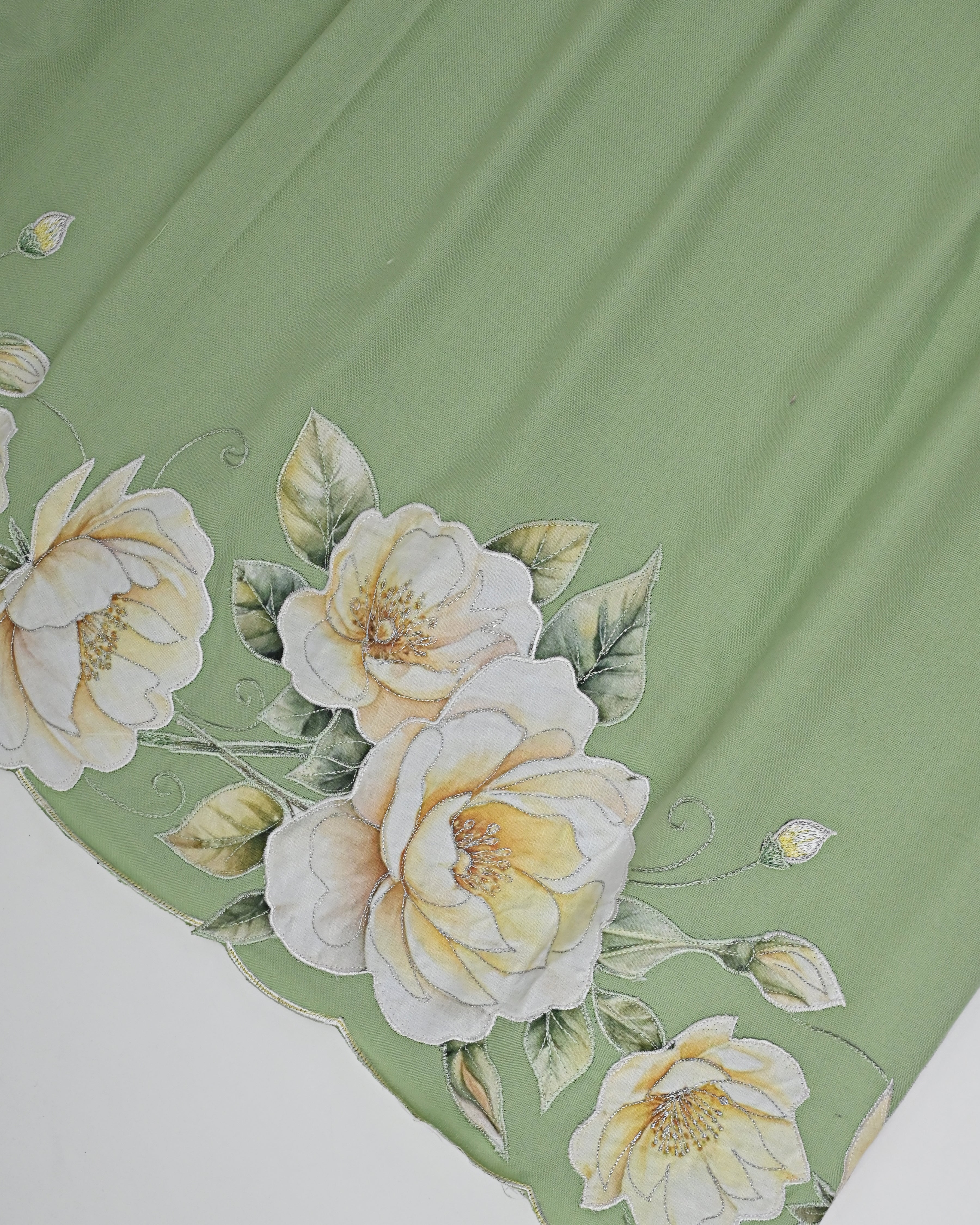 Sage Green Rida With Yellow Shaded Appllique Border & Embroidery Work