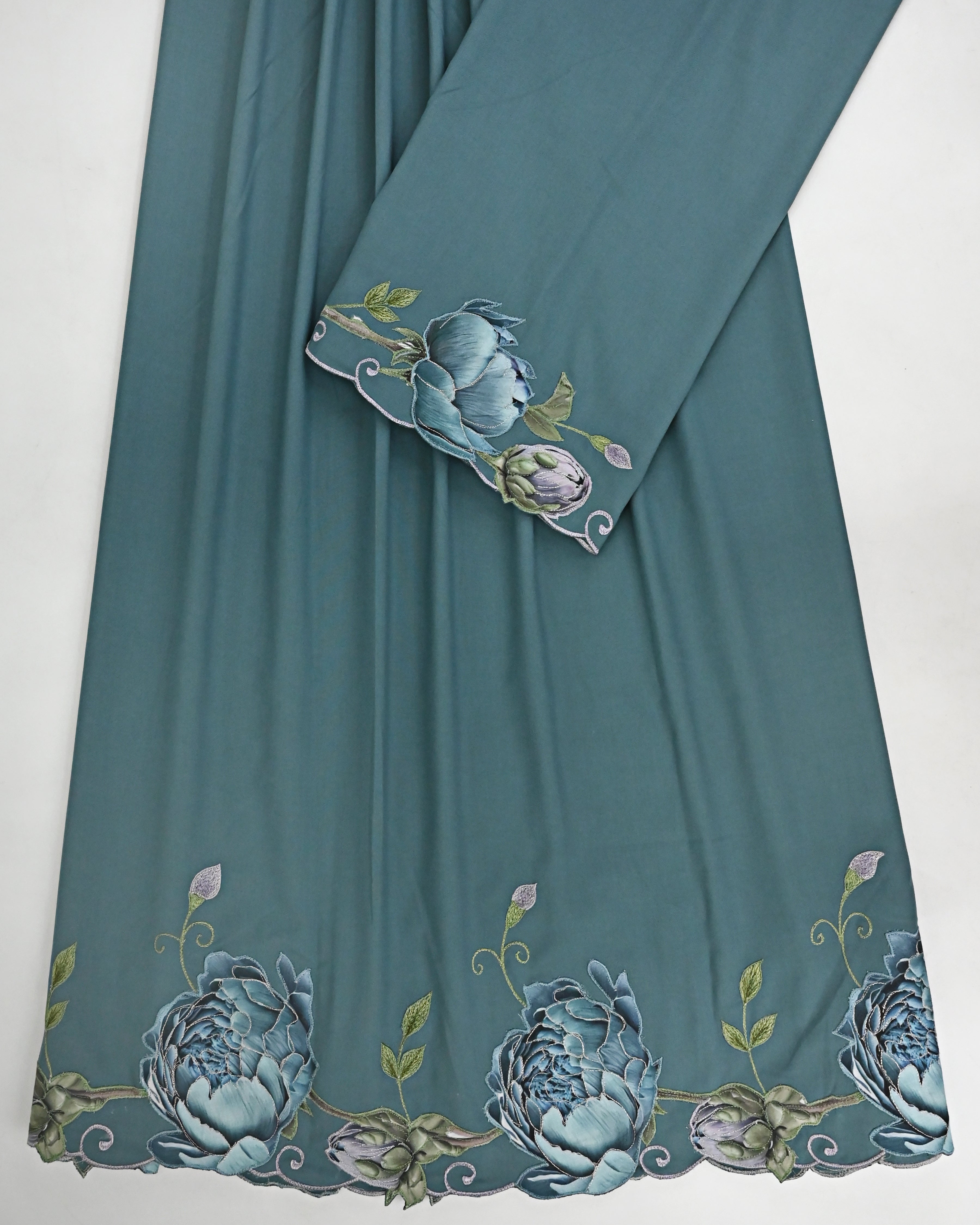Dusty Blue Rida With Smart Blue Shade Applique Floral Border & Leafy Embroidery Work