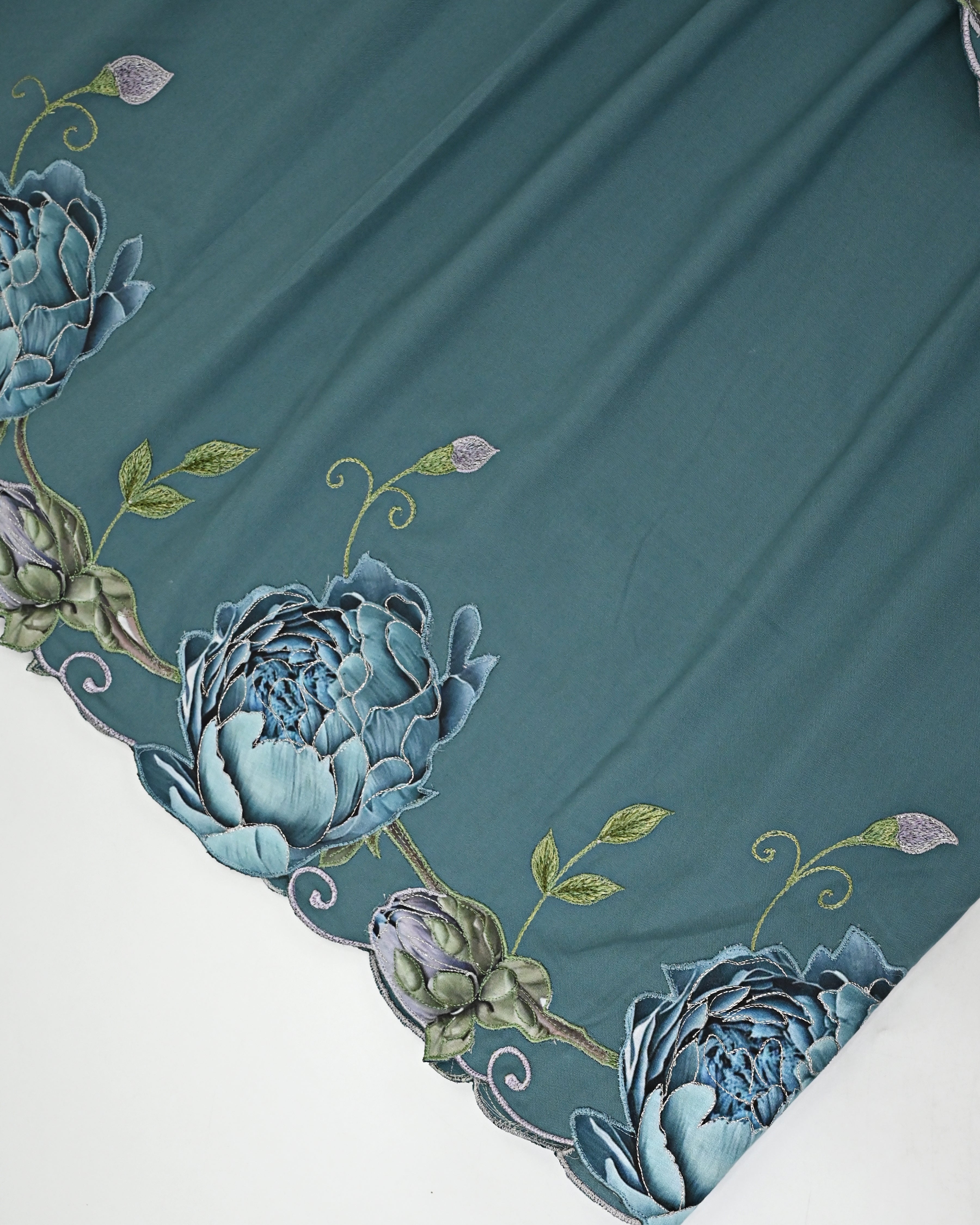 Dusty Blue Rida With Smart Blue Shade Applique Floral Border & Leafy Embroidery Work