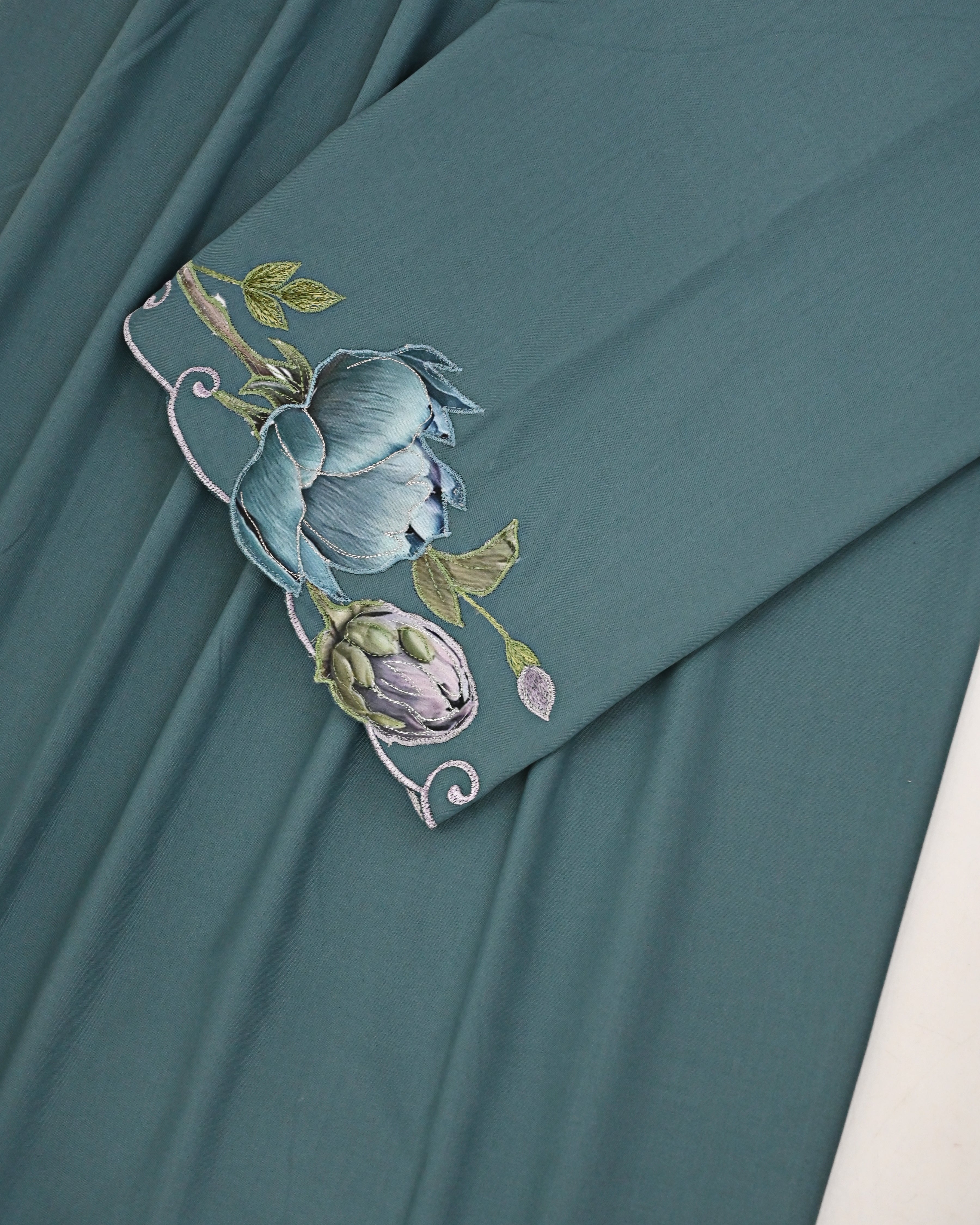 Dusty Blue Rida With Smart Blue Shade Applique Floral Border & Leafy Embroidery Work